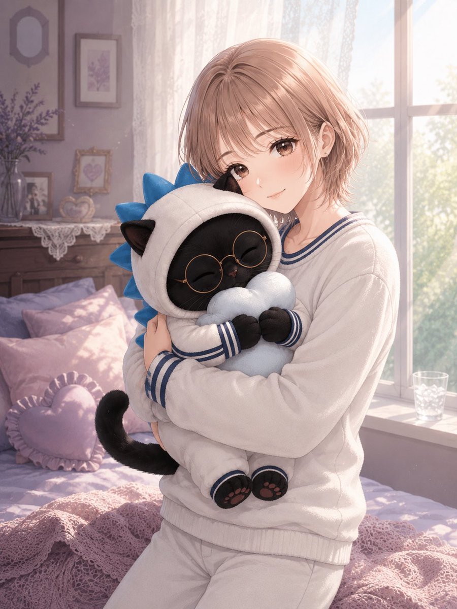 Anime Girl Hugging Black Cat Plush