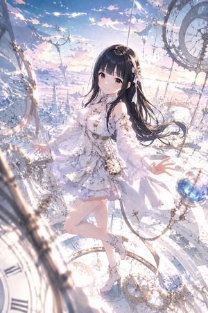 Anime Time Keeper Girl — Create a vertical 2:3 anime fantasy illustration of {argument name="character name" default="Maruko"}, a graceful young time-keeper gir