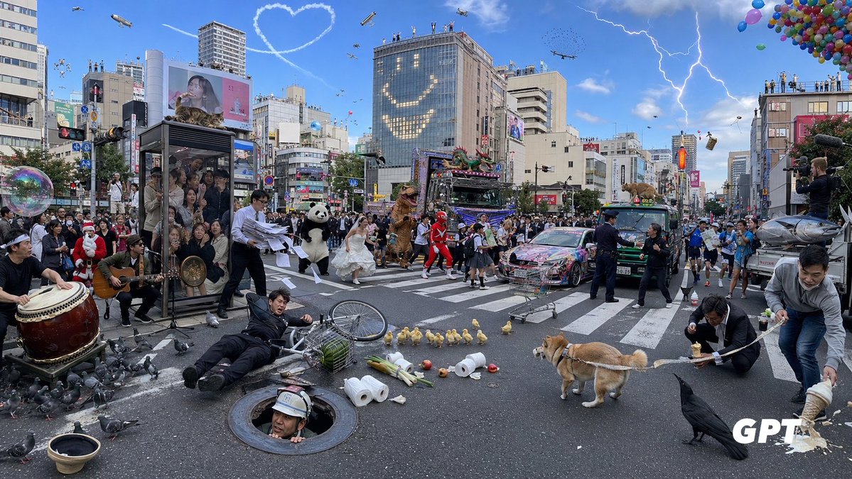 Chaotic Shibuya Scramble Crossing