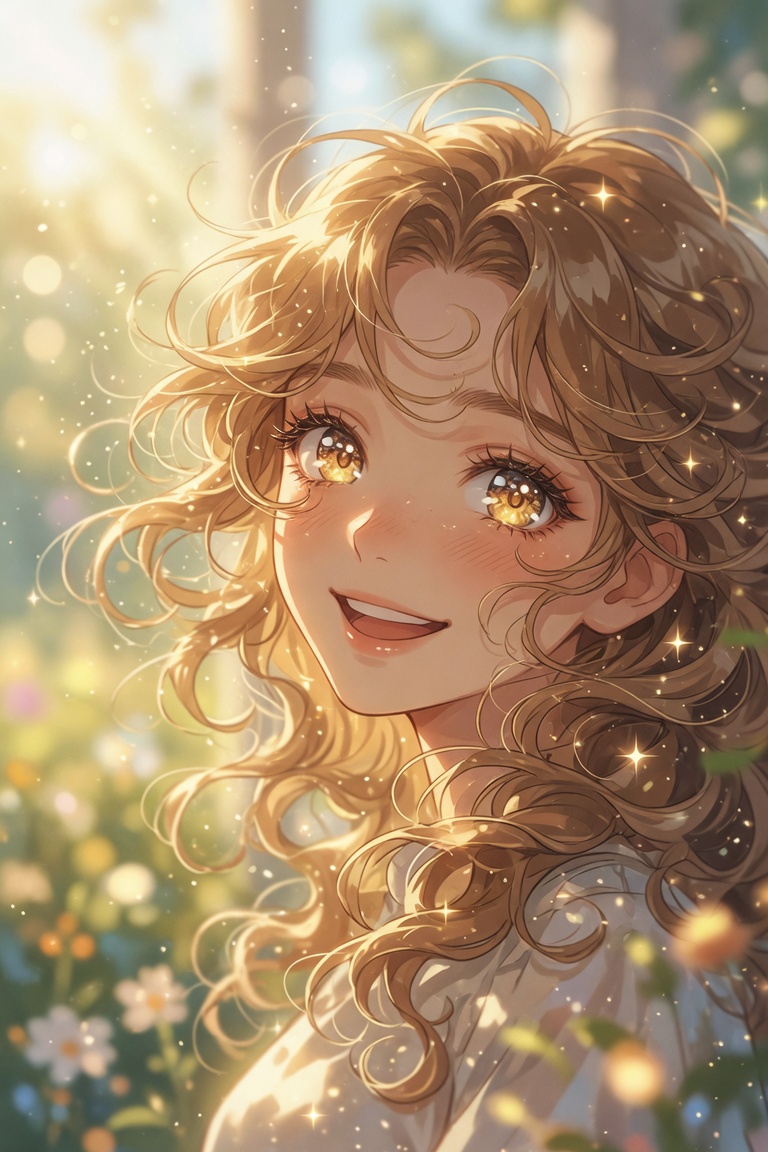 Golden Curly-Haired Anime Garden Portrait