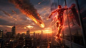 Red Lightning Hero Meteor City — Create a cinematic widescreen superhero disaster scene at sunset: a {argument name="superhero style" default="red lightning spe