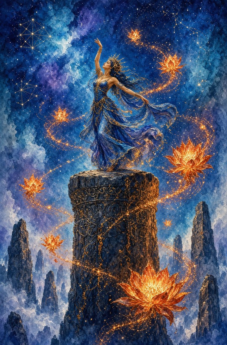 Celestial Goddess on Starry Pillar