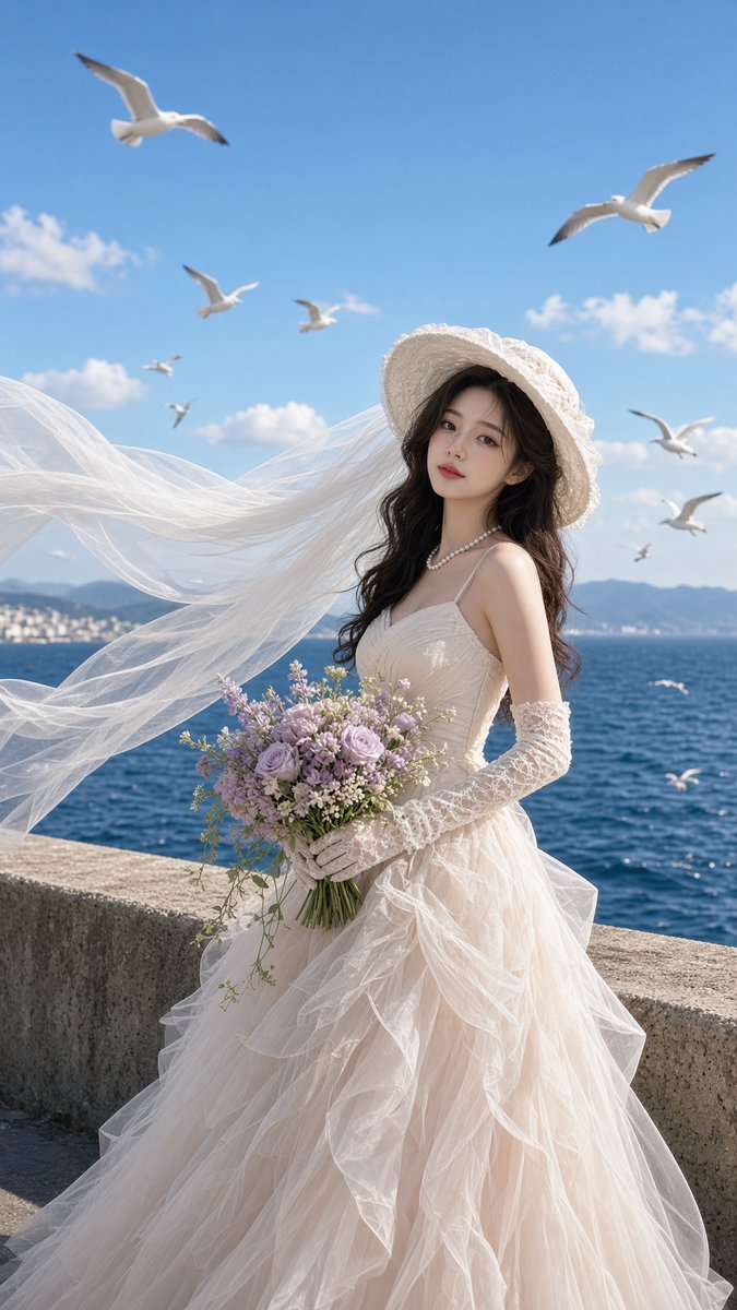 Seaside Bridal Portrait With Seagulls