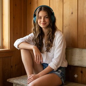 Cozy Indoor Headphones Lifestyle Portrait — Photorealistic lifestyle portrait of a young woman sitting casually indoors against a warm natural wooden-paneled wa