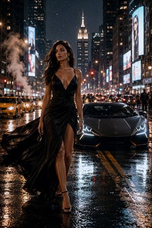 Midnight Manhattan Luxury Scene — Create an ultra-realistic cinematic 9:16 portrait set on a rain-soaked Manhattan avenue at night.

A stunning, {argument name=
