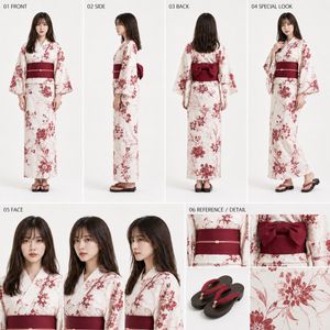 Yukata Character Sheet Generator — 【今回作る完成物】
本指示書と同時に添付された女性の全身参照画像1枚を唯一の人物参照として使用し、同時添付の浴衣参考画像群を用いて、指定配色の浴衣を着た同一人物の高品質な実写・簡易キャラクターシート1枚を作成する。共有用として見栄えがよく、人物・浴衣