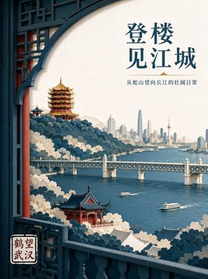 Layered Paper-Cut Illustration Poster — 为原创文旅品牌“{argument name="品牌名" default="鹤望武汉"}”创作一幅高端分层纸雕插画海报，传播命题为“{argument name="传播命题" default="登楼望江，一眼看见武汉的山水骨架"}”，3:4