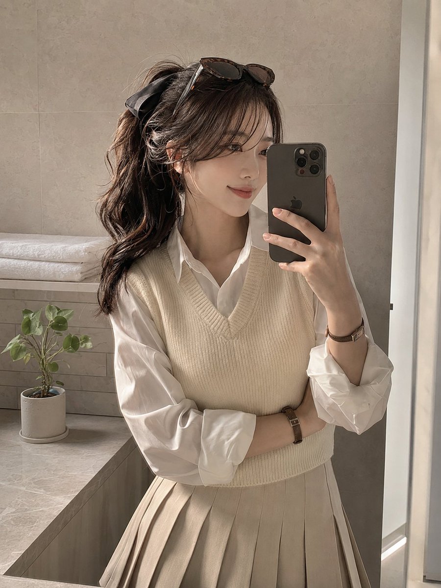 Soft Preppy Bathroom Mirror Selfie