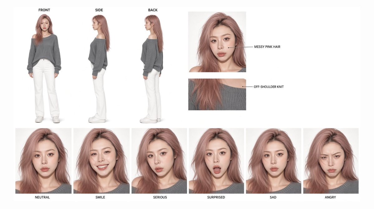 Pink-Haired Character Reference Sheet