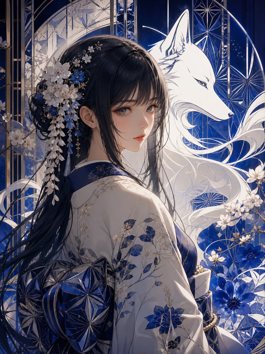 Blue Kiriko Fox Shrine Maiden