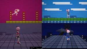 Console Generations Rooftop Game Collage — Create a 16:9 promotional screenshot collage for a retro puzzle-action game called {argument name="game title" defaul