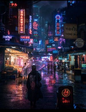 Cyberpunk Rainy Night Market — Ultra-cinematic {argument name="theme" default="cyberpunk"} night market in a dense futuristic Asian megacity during heavy rain, 