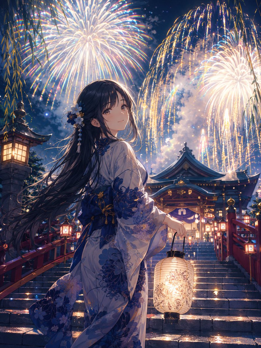 Girl in Yukata with Platinum Fireworks