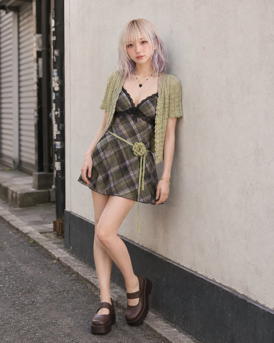 Pistachio Crochet Cardigan and Plaid Mini Dress