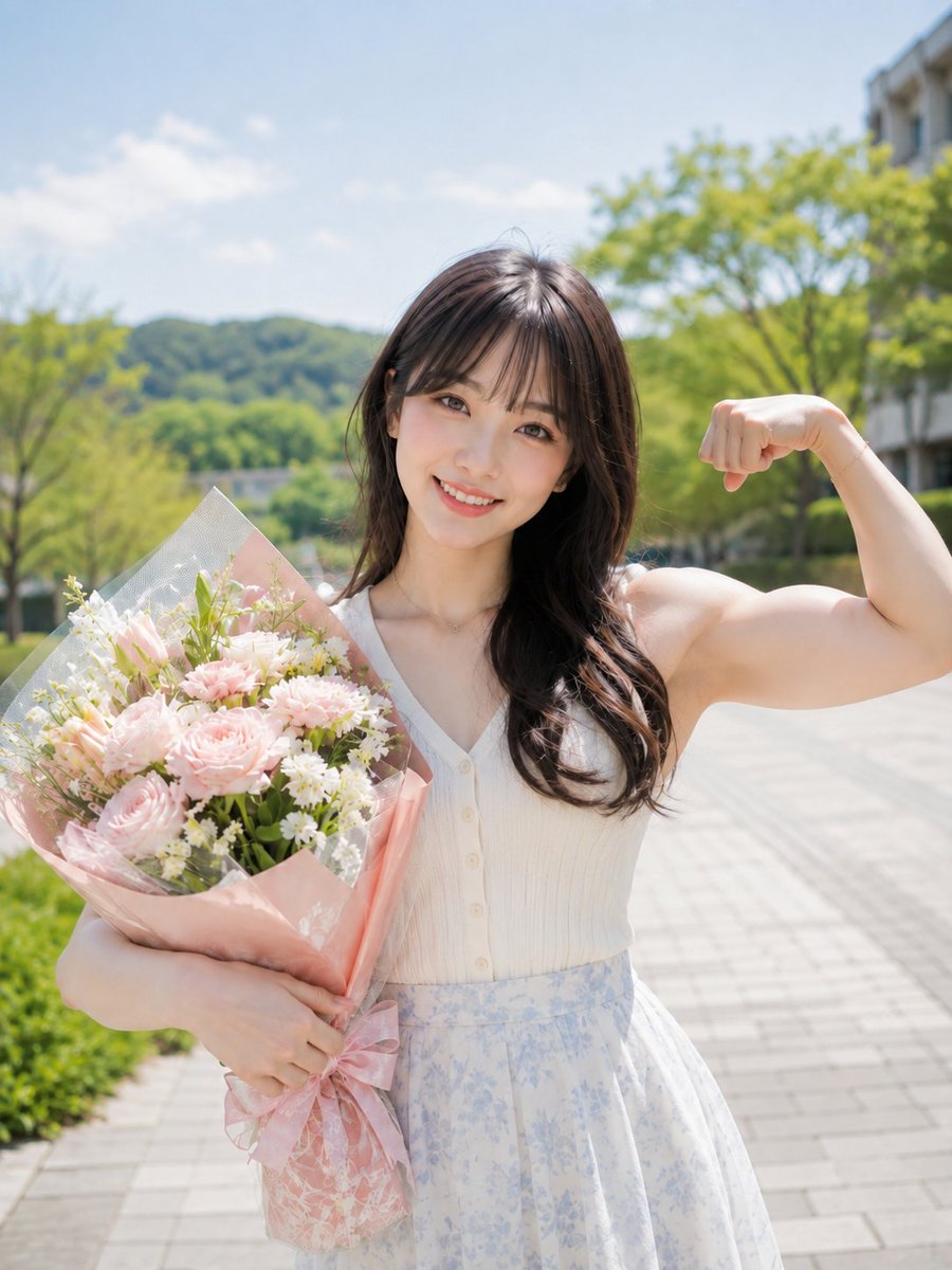 Smiling Woman with Bouquet and Bicep Flex
