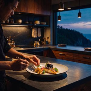 Cinematic Chef Plating at Dusk — Create a cinematic photorealistic fine-dining scene in a warm modern kitchen at blue hour: an Asian male chef in a dark apron s