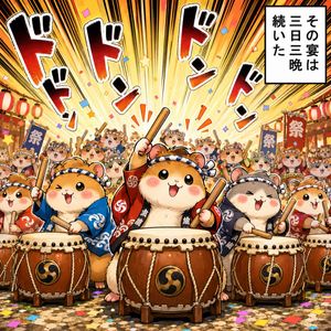 Hamster Taiko Festival Manga Scene — Create a vibrant square manga-style festival illustration of {argument name="animal performers" default="cute hamsters"} pe