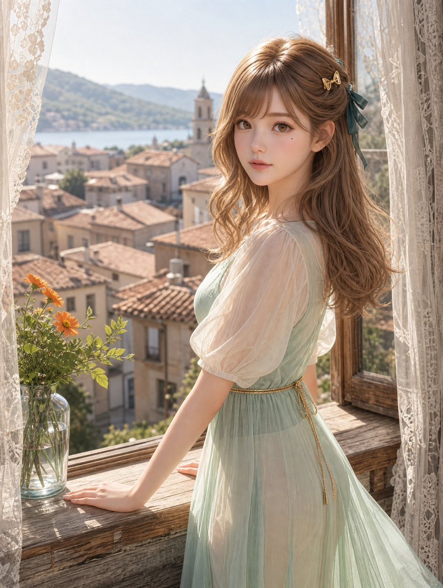 Anime Girl at Mediterranean Window