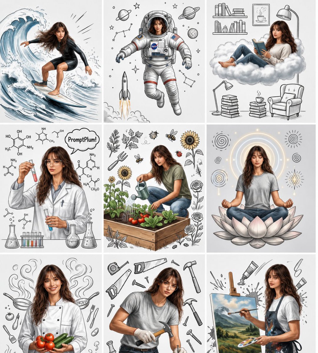 Consistent Character Nine-Panel Illustration Collage