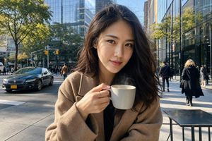 New York Street Coffee Portrait — Create an ultra-realistic close-up cinematic portrait of a {argument name="subject" default="stylish Asian woman"} on a modern