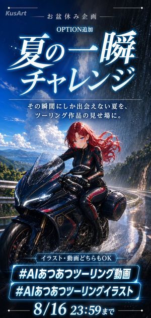 Summer Touring Challenge Poster — Goal: Create a dramatic vertical Japanese promotional poster for a summer motorcycle touring challenge, blending anime key vis