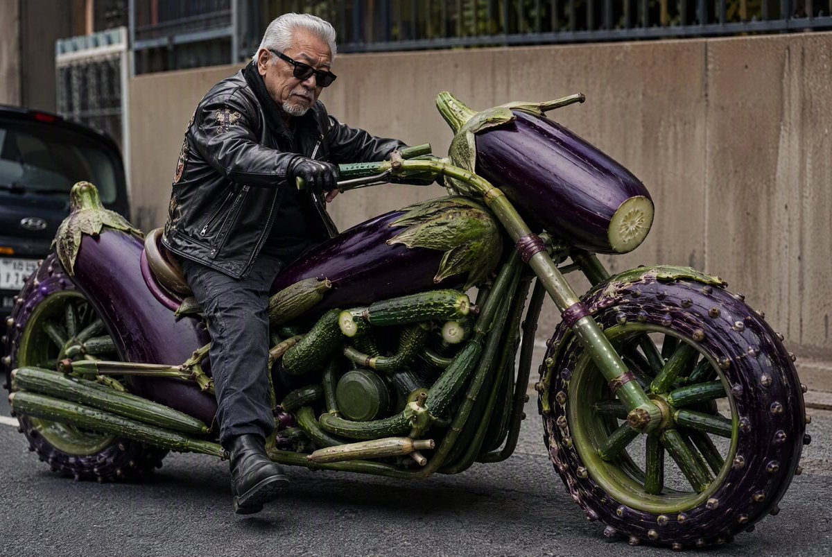 Elderly Biker on Eggplant Motorcycle