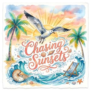 Chasing Sunsets Seagull Watercolor — A watercolor illustration depicts a {argument name="subject" default="seagull"} in flight with its wings spread wide, posit