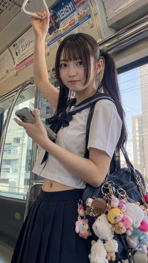 Tokyo Train Schoolgirl Portrait — Create a photorealistic vertical smartphone photo of a cute Japanese high school girl standing inside a modern Tokyo train dur