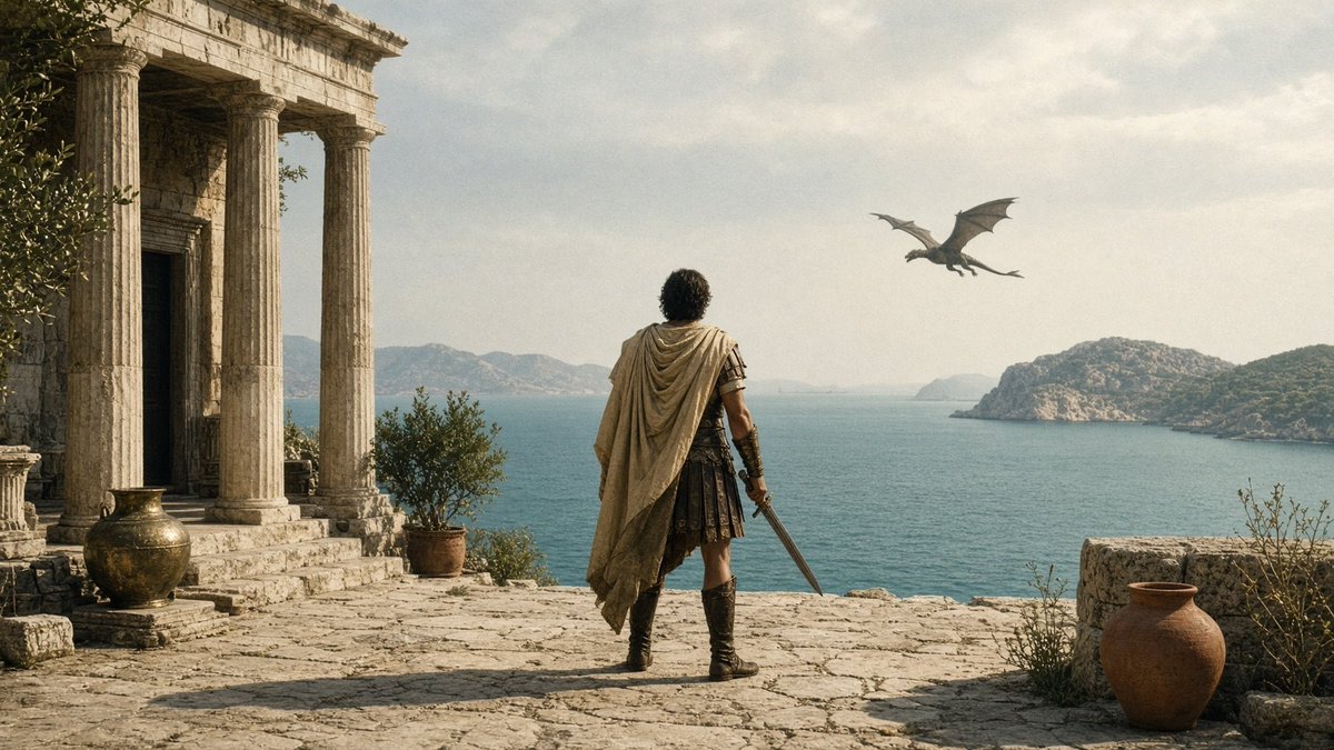 Greek Warrior Watching Dragon