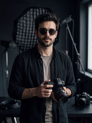 Cinematic Photographer Studio Portrait — A medium close-up cinematic portrait of a {argument name="subject" default="young handsome man"} wit…
