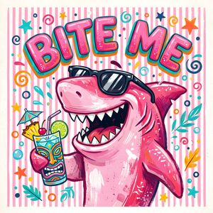 Pink Shark Bite Me Illustration — A vibrant, close-up illustration features a {argument name="subject" default="pink shark wearing black sunglasses"} and holdin