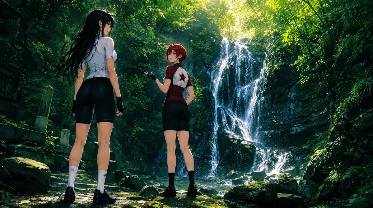 Anime Cyclists at Forest Waterfall