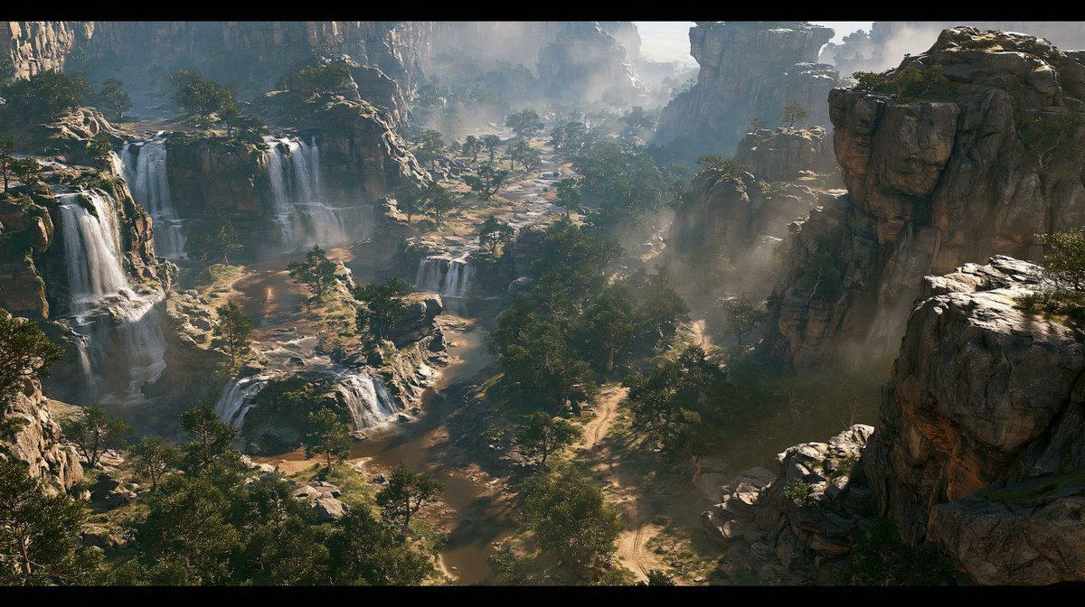 Cinematic Rocky Waterfall Valley