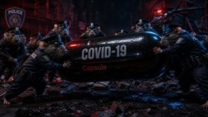 Rats Police Fashion Editorial — Rats in police uniforms fight against an evil giant capsule full of covid19. Create a high-fashion editorial of rats in tailored