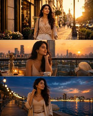 Indian Woman Golden Hour Story Triptych — Create a premium cinematic three-panel vertical triptych telling the story of a beautiful young Indian woman enjoying 