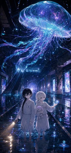 Cosmic Jellyfish Subway Children — Create a vertical cinematic Korean webtoon-style fantasy illustration of two children standing ankle-deep in reflective water