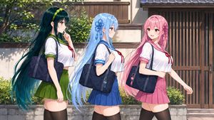 Three Anime Schoolgirls Walking — Create a wide 16:9 polished anime illustration of three high-school girls walking together from left to right on a sunny resid