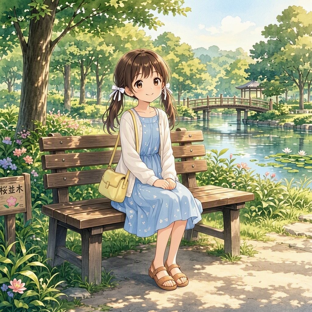 Anime Girl on Garden Bench