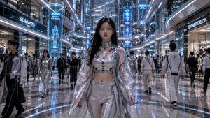 Futuristic Mall Fashion in 3050 — Create a cinematic photorealistic wide-angle scene of a futuristic luxury shopping mall in the year {argument name="year" defa