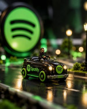 Spotify Miniature Car Ad Scene — Create an ultra-photorealistic cinematic miniature advertising scene for {argument name="brand name" default="Spotify"}: a glos
