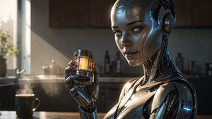 Robotic Woman Home Nuclear Reactor Ad — A robotic woman makes an advertisement for a small nuclear reactor for home use Photorealistic close-up portrait of a sl