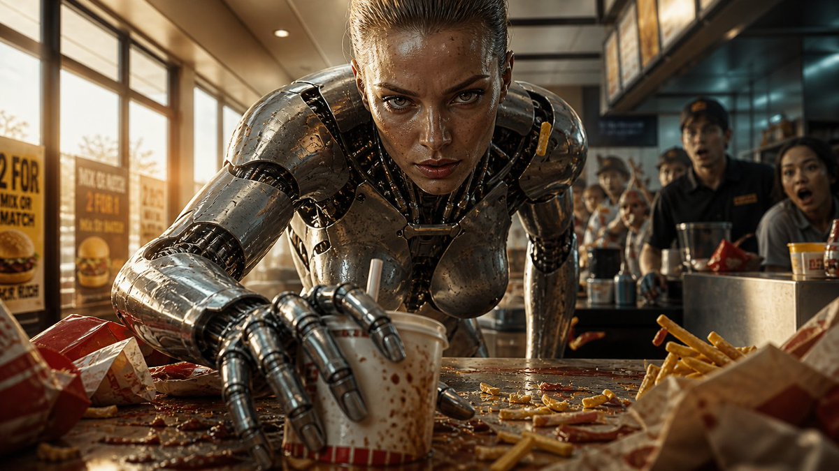 Robot Woman Fast Food Counter Chaos