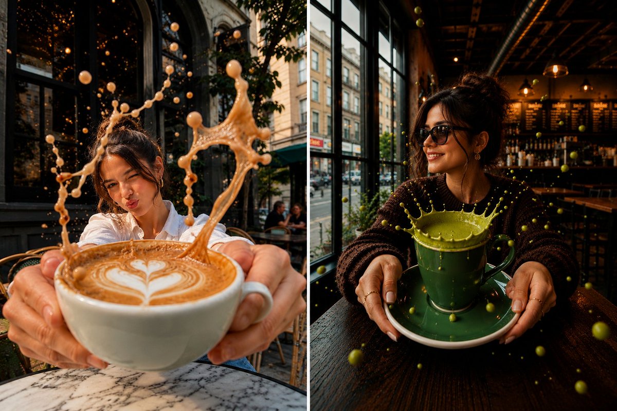 Surreal Split-Screen Coffee Café Scene