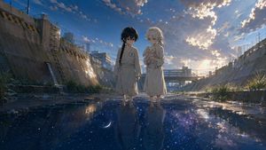 Anime Girls in Starry Flooded Canal — Create a cinematic modern Japanese theatrical anime-style wide landscape scene of two young girls standing barefoot in a s