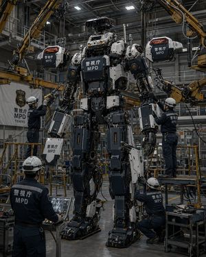 MPD Robot Assembly Bay — Create a hyper-realistic cinematic industrial photo of a giant police humanoid robot being assembled inside a large high-ceiling roboti