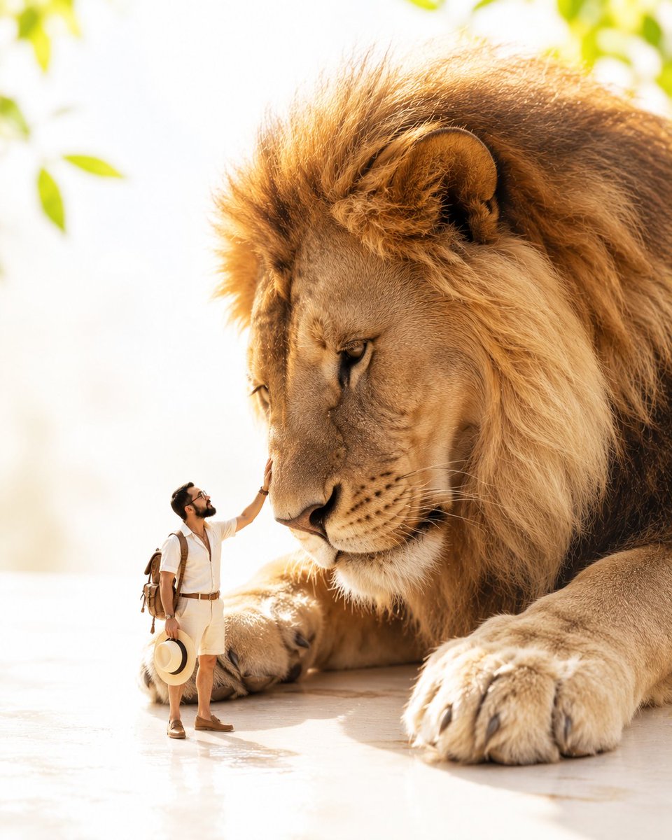 Tiny Safari Explorer With Giant Lion