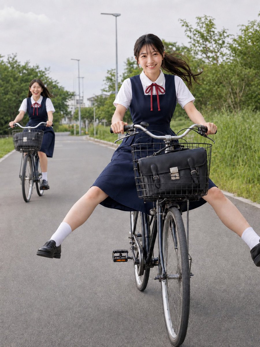Schoolgirls Riding Bicycles
