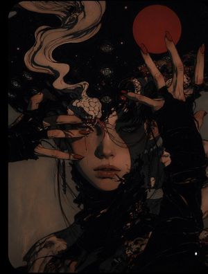 Surreal Gothic Horror Portrait — A highly detailed surreal gothic horror portrait of a pale young woman with short black hair, centered in a tight vertical comp