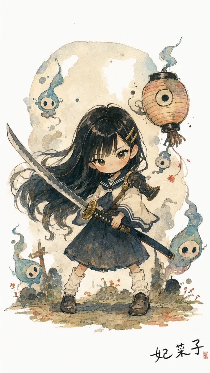 Watercolor Chibi Schoolgirl Swordswoman