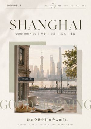 Shanghai Morning Calendar Poster — Goal: Create a refined vertical morning daily calendar poster for {argument name="city name" default="SHANGHAI"}, blending ed